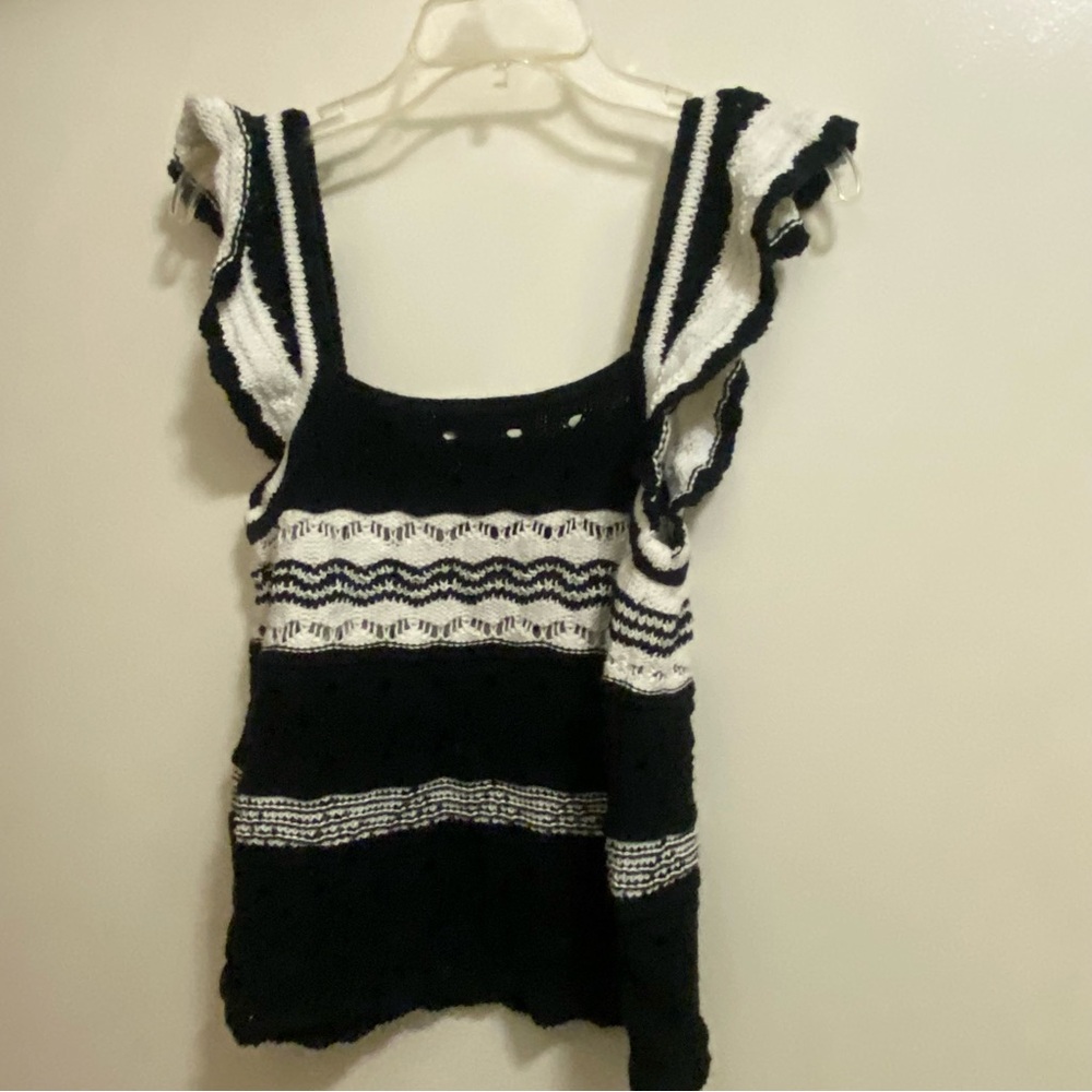 Ann Taylor Loft Womens Crocheted Tank Top XL Black & White Ruffle Sleeve Crochet - Picture 5 of 6